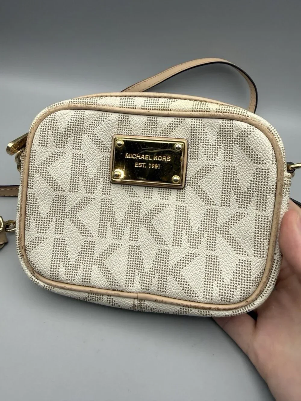 Michael Kors Women Beige Jet Set Travel MK Coated Canvas Zip Crossbody Bag Small
